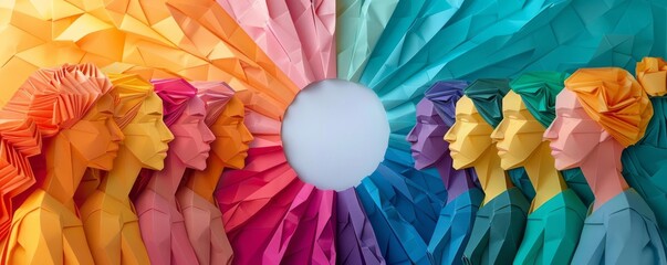 Colorful abstract art showcasing diverse paper sculptures facing each other, emphasizing contrast and unity with vibrant rainbow colors.