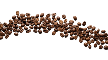 evenly roasted full coffee beans moving in a twisted curve shape horizontally on an isolated white background