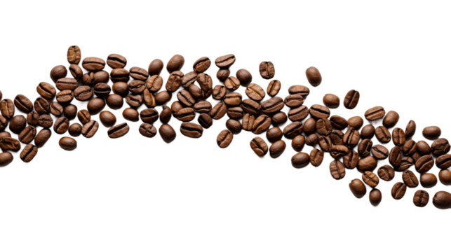 evenly roasted full coffee beans moving in a twisted curve shape horizontally on an isolated white background