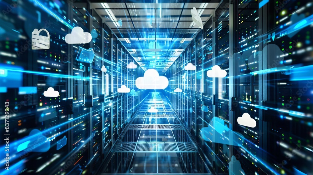 Poster futuristic data center with cloud computing icons and secure servers. digital infrastructure and tec