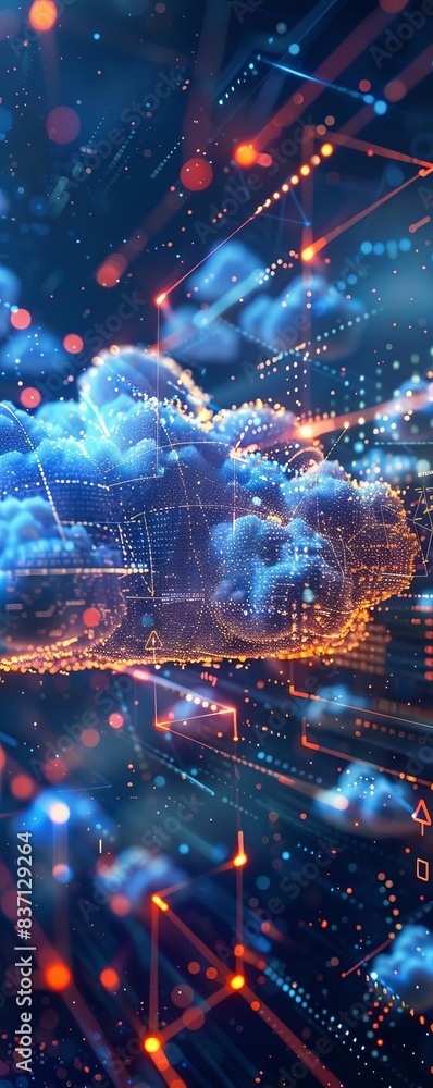 Poster futuristic digital cloud representing data storage and connectivity with vibrant lights and a techno