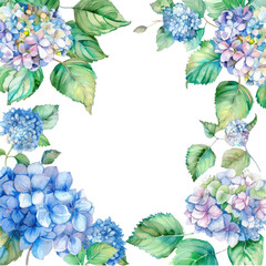 Blue and purple watercolor hydrangea flowers with green leaves.