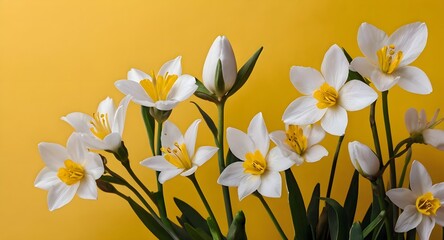 Fototapeta premium White and yellow springs flowers on yellow background 