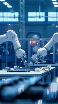 Robotic Precision: White Robot Arms Assembling Circuit Boards in a Factory, industry 4.0