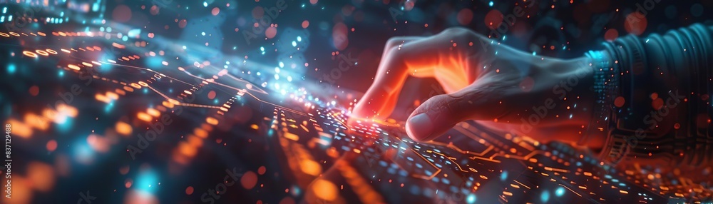 Poster hand interacting with futuristic digital interface, illustrating advanced technology and innovation 