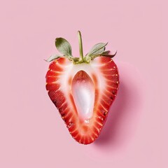 A close-up view of a fresh strawberry cut in half is isolated on a pastel pink background.