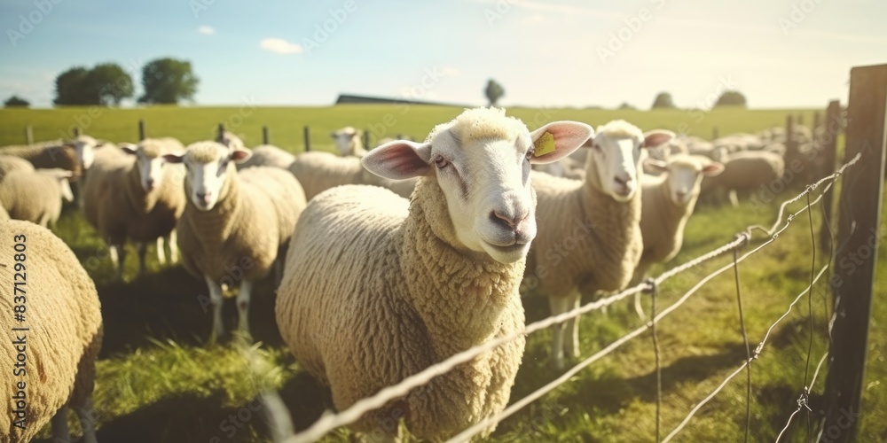 Poster a group of sheep are standing in a field behind a fence. the sheep are all white and are looking at 