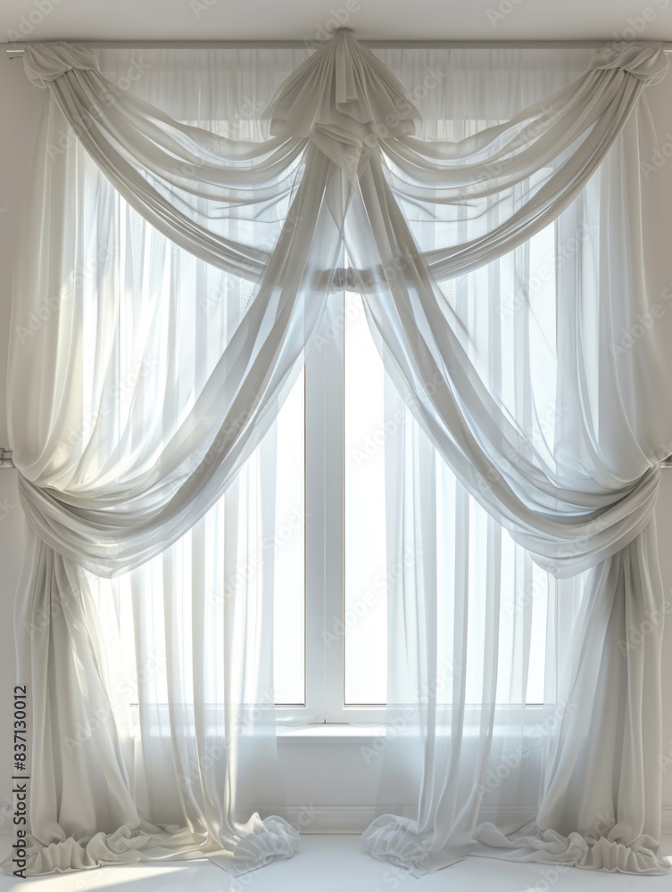 Poster the curtains are white and have a very elegant look. they are hanging from the window and are draped