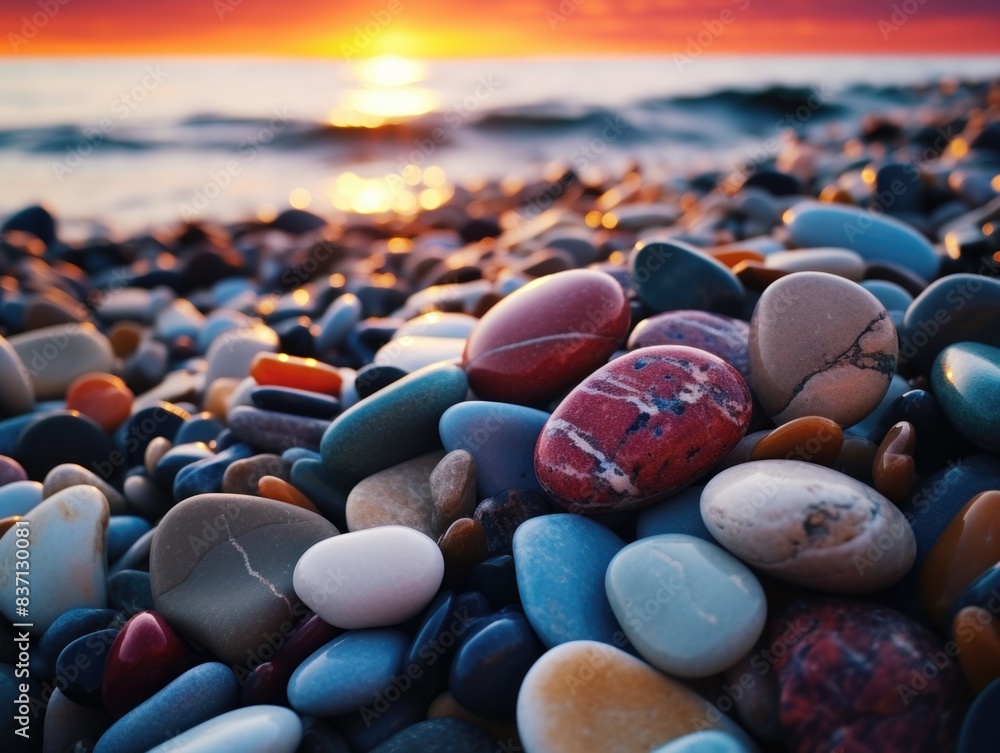 Poster a beach with a large pile of colorful rocks. the rocks are of various sizes and colors, creating a v