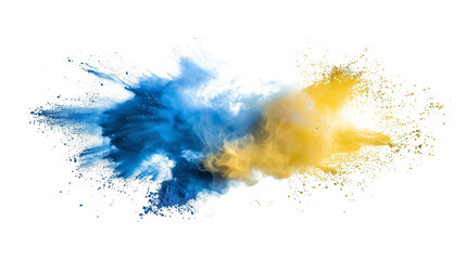 Yellow and Blue powder explosion effect isolated or on white background. PNG. AR 16:9