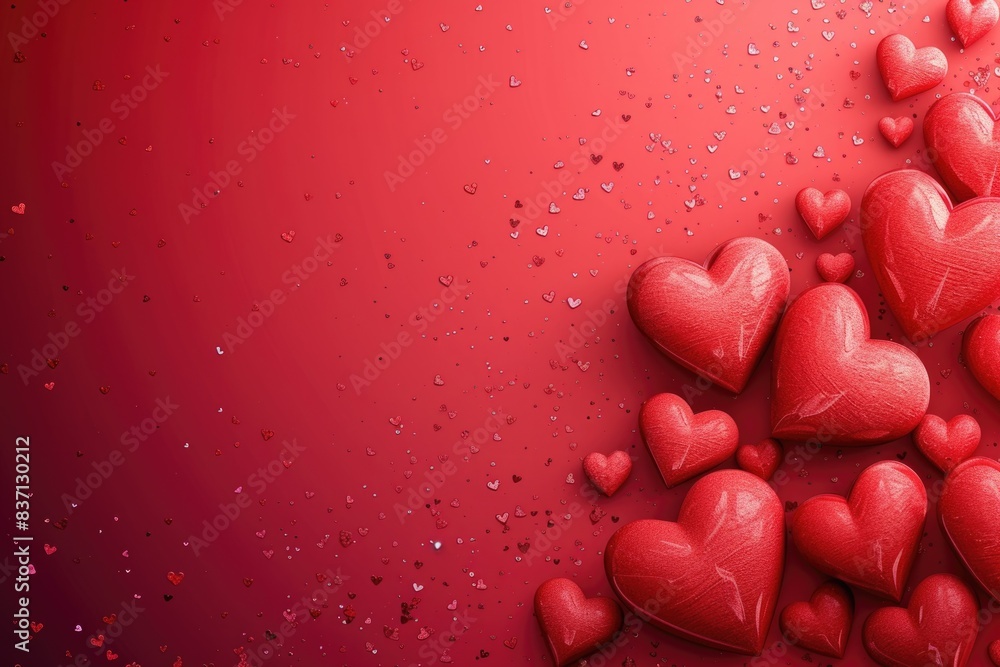 Poster a red background with a bunch of hearts scattered around it. the hearts are of different sizes and a