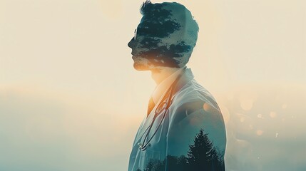 Close up of doctor in lab coat, focus on, copy space, muted pastel background, Double exposure silhouette with serene medical imagery,