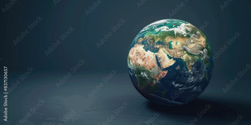 Poster a globe of the earth is shown in a black background. the globe is a small, round object with a blue 