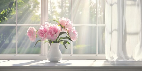 A radiant bouquet of peonies stands in a vase, their pink petals a fresh contrast to the bright morning light.