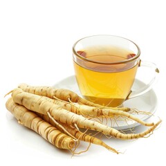 Traditional Ginseng Tea Ren Shen Cha Isolated on White Background. High-Resolution Herbal Beverage Photography