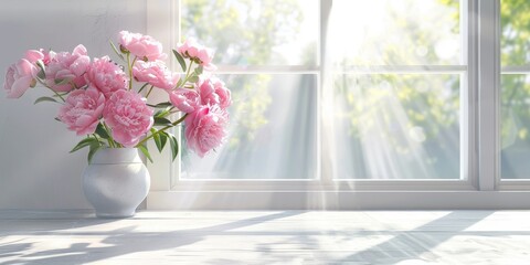 A vase of blooming peonies captures the essence of spring with their bright petals bathed in sunlight.