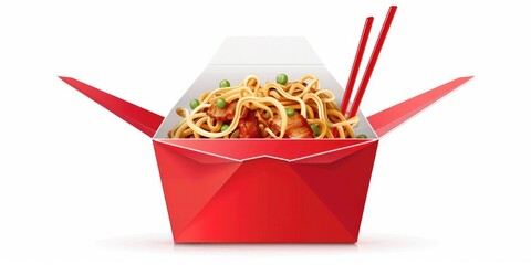 A red box of noodles with a pair of chopsticks in it