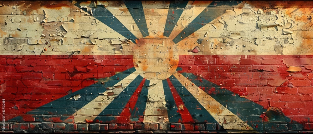 Aufkleber dynamic sunburst pattern in bright colors on a distressed wood or canvas background for a lively com