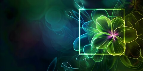abstract flowers illuminated with neon green light square on dark. Concept Floral Neon Light Art, Abstract Flowers, Dark Background, Square Composition