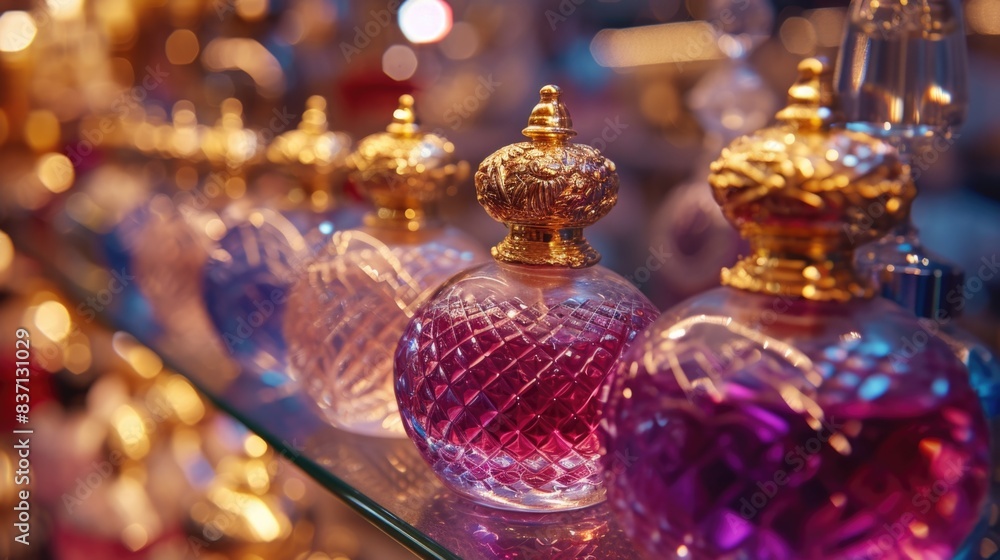 Poster a row of perfume bottles with gold tops. the bottles are lined up on a shelf