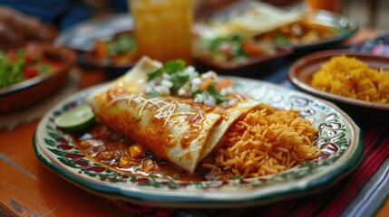 A plate of food with rice and beans on it. The plate is decorated with a green and white design