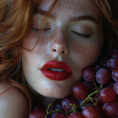 Woman with red lips holding bunch of grapes close to her face, water drops on grapes add freshness