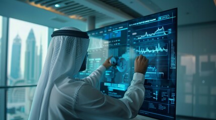 Entrepreneur in white thobe studying global financial markets on a futuristic touchscreen panel.