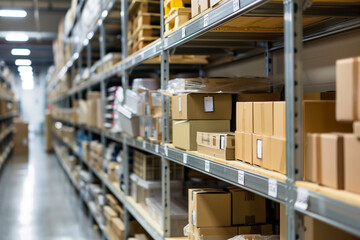 Detailed and organized storage area filled with sturdy shelves and containers in a modern warehouse. Efficient logistics and inventory management concept