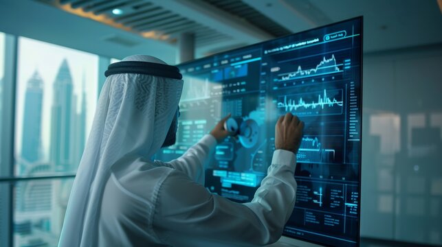 Entrepreneur in white thobe studying global financial markets on a futuristic touchscreen panel.