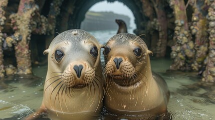 Fototapeta premium Playful California sea lions (Zalophus californianus) come together for a kiss underwater while another sea lion is swimming through the pathway in the background.
