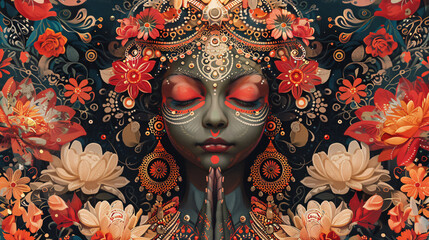 Modern digital artwork with a traditional Indian motif and bright colors