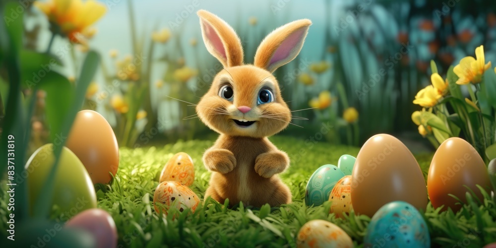 Poster a cartoon rabbit is sitting in a field of easter eggs. scene is lighthearted and playful, as the rab