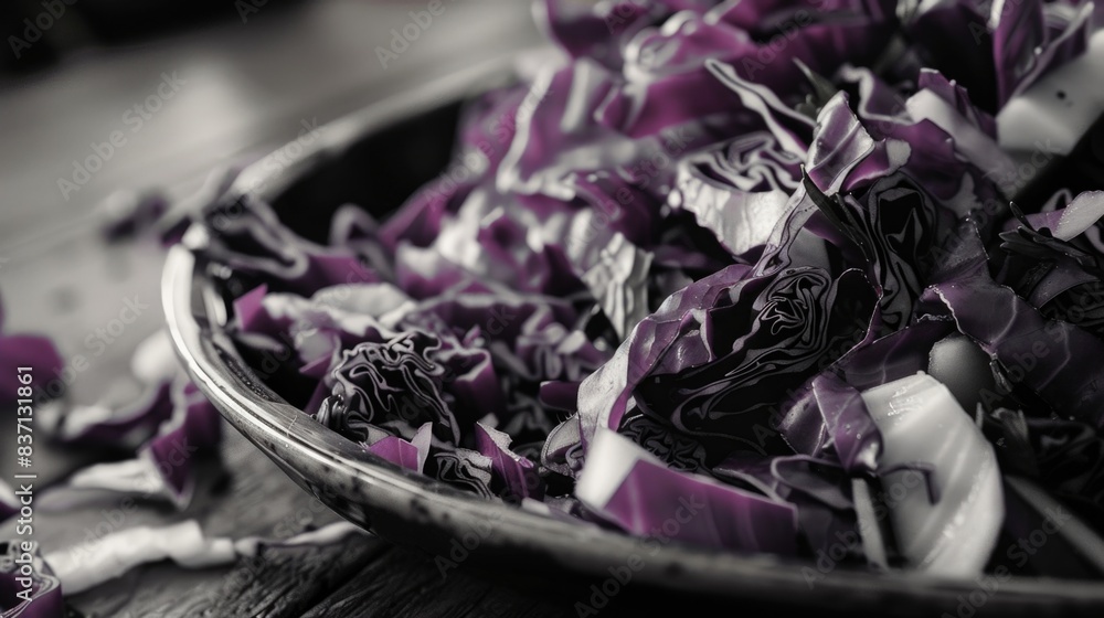 Poster a bowl of purple cabbage is on a wooden table. the cabbage is cut into small pieces and is spread ou - Posters