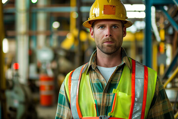 A detailed portrait of a factory worker wearing a hard hat and safety vest while standing in a bustling industrial environment. Workplace safety and dedication concept
