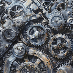 Highly detailed and symbolic representation of machinery gears interlocking to form a human brain. Industrial innovation and intelligence concept