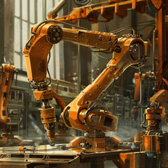 A detailed and realistic depiction of an industrial robot arm assembling products on a modern factory floor. Advanced manufacturing and automation concept