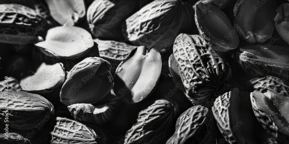 Poster a close up of nuts with a black and white filter. the nuts are scattered and some are broken. scene 