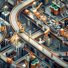 A detailed and realistic scene of a conveyor belt with various products being sorted in a busy manufacturing plant. Industrial efficiency and automation concept
