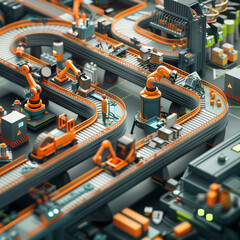 A detailed and realistic scene of a conveyor belt with products moving through a modern industrial facility. Manufacturing and logistics concept