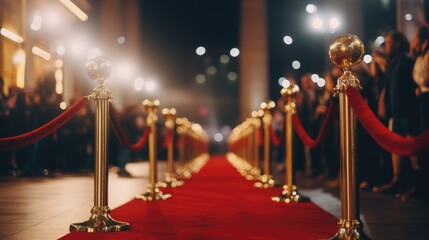 A red carpet with a gold railing and a crowd of people standing behind it. Scene is celebratory and glamorous