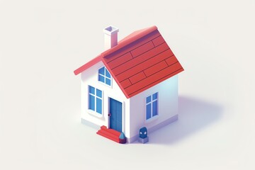 Simple isometric illustration of a white house with a red roof and a blue door.