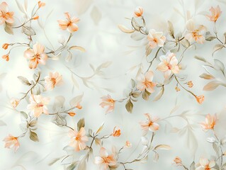 Delicate floral pattern with peach blossoms on a light blue background.
