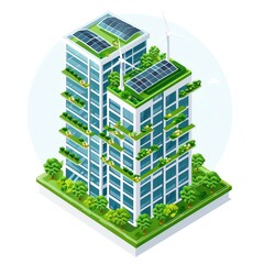 Isometric illustration of a sustainable eco-friendly city building with solar panels, wind turbines, and green spaces.