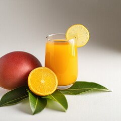 fresh Mango juice, Mango juice with a lemon slice on a white background, glass of Mango juice with lemon