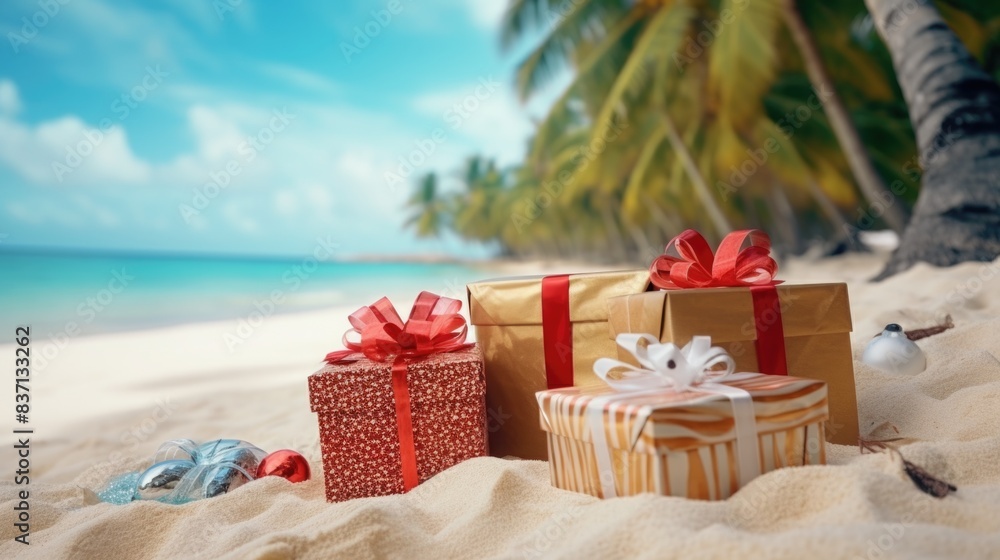 Poster a beach scene with three gold boxes and two red boxes with red bows on them