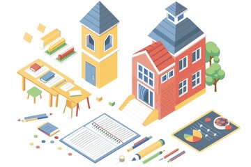 Isometric illustration of school building, classroom, desk, books, and other educational supplies.