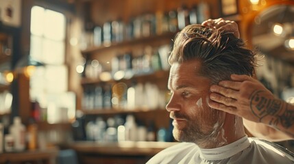 Obraz premium Barber applying hair product to a client's hair before styling