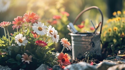 A bucket full of water is sitting next to a bunch of flowers. The flowers are of different colors and sizes, and they are arranged in a way that makes them look like they are in a garden - Powered by Adobe