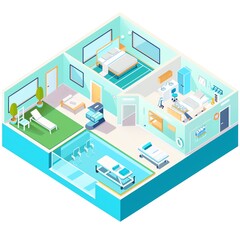 Isometric illustration of a modern hospital ward with different rooms.