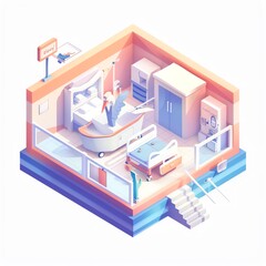 Fototapeta premium Isometric illustration of a hospital room with a bed, bathtub, and medical equipment.